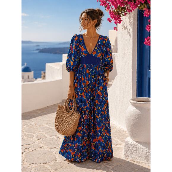 STAUD Dresses & Skirts - NWT STAUD Affogato Maxi Dress Colorful Patchwork Puff Sleeve Size 4